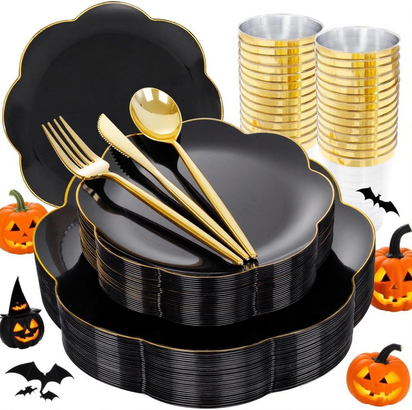 EI 180pcs Black Plastic Plates with Gold Plastic Silverware,Black and Gold Plates Disposable,Heavy Duty Plate for Party,Wedding,Anniversary,Halloween