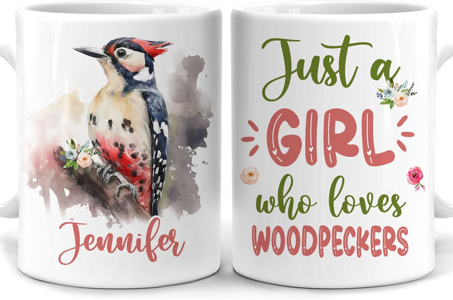 Hyturtle Personalized Gifts Woodpecker Lover - Just A Girl Who Loves Woodpeckers Custom Name Ceramic Coffee Mug Cup 11oz - Idea Cute Animal Lover Gifts For Women, Girl Daughter On Birthday, Christmas
