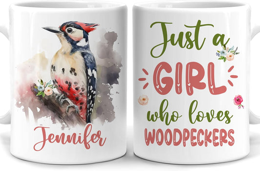 Hyturtle Personalized Gifts Woodpecker Lover - Just A Girl Who Loves Woodpeckers Custom Name Ceramic Coffee Mug Cup 11oz - Idea Cute Animal Lover Gifts For Women, Girl Daughter On Birthday, Christmas