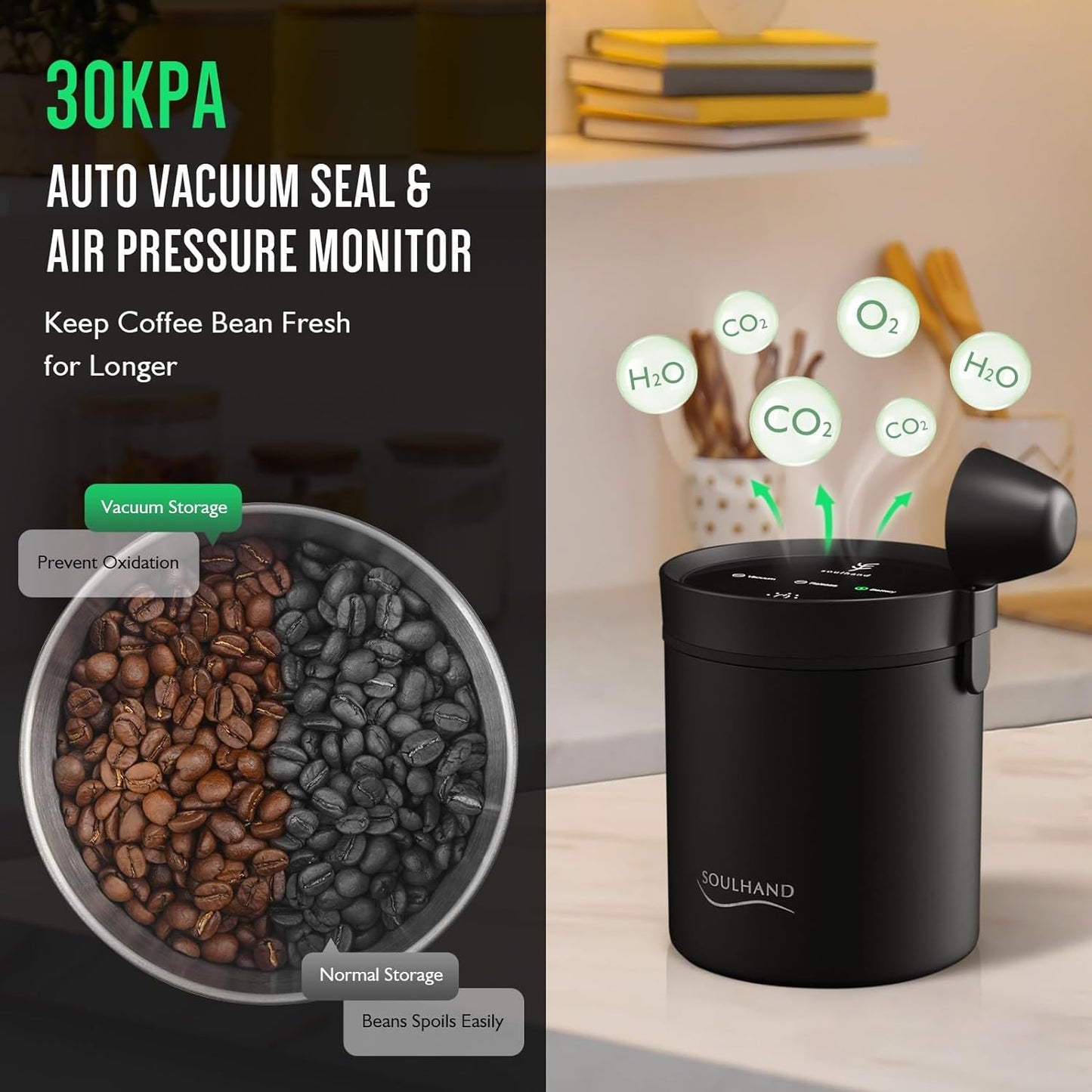 SOUL HAND Automatic Vacuum Coffee Canister for Coffee & Food Storage Airtight Sealed Coffee Storage Container, Stainless Steel Food Storage Containers for Coffee Beans - 1.2 L