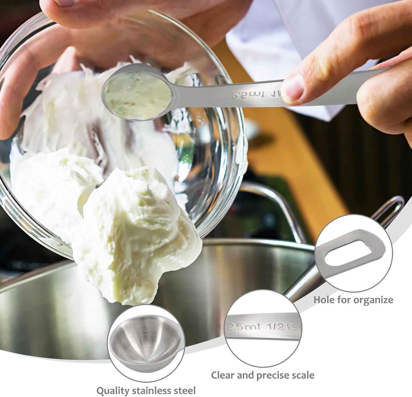 Stainless Steel Measuring Spoons 4 Pcs Teaspoon Measuring Spoons Round and Square, Long Handle with Scale, Suitable for Kitchen, Baking, Seasoning (2.5ml, 5ml)