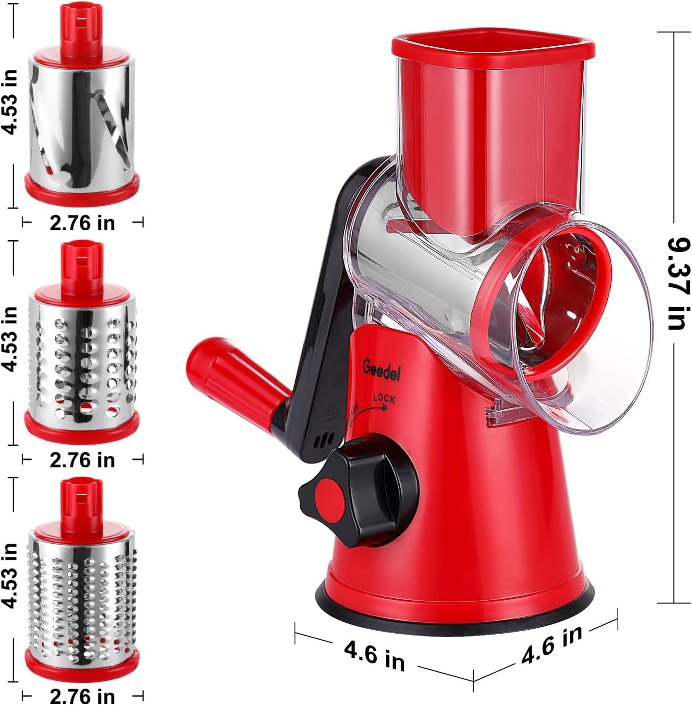 Geedel Rotary Cheese Grater, Kitchen Mandoline Vegetable Slicer with 2 Interchangeable Blades, Easy to Clean Rotary Grater Slicer for Fruit, Vegetables, Nuts