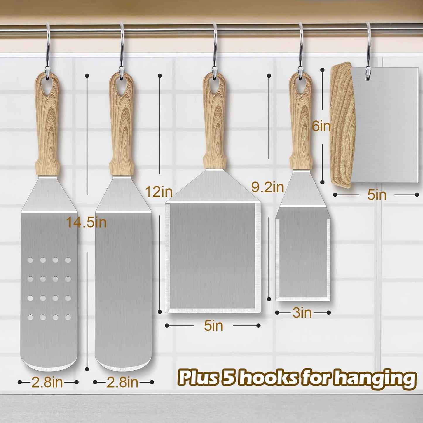 Metal Spatula Set of 5, HaSteeL Heavy Duty Griddle Accessories Kit, Durable Stainless Steel Burger Turner Flipper Scraper Tools for Flat Top Grill Teppanyaki Cast Iron, Indoor & Outdoor, Easy to Clean