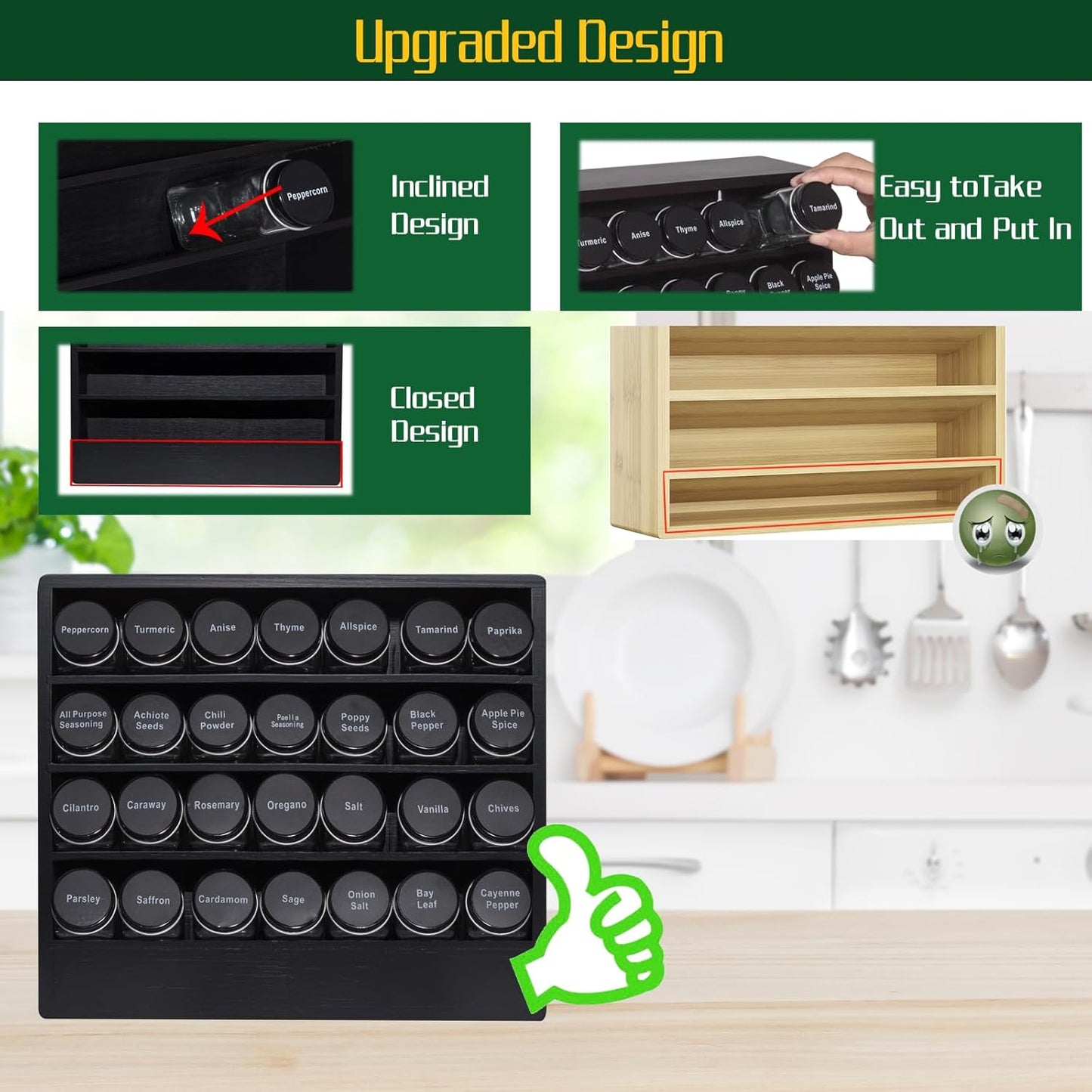 Bamboo Tiered Spice Rack Organizer for Cabinet,Wooden Seasoning Rack for Countertop, Cupboard, Pantry, Kitchen (Spice Jars Not Included)