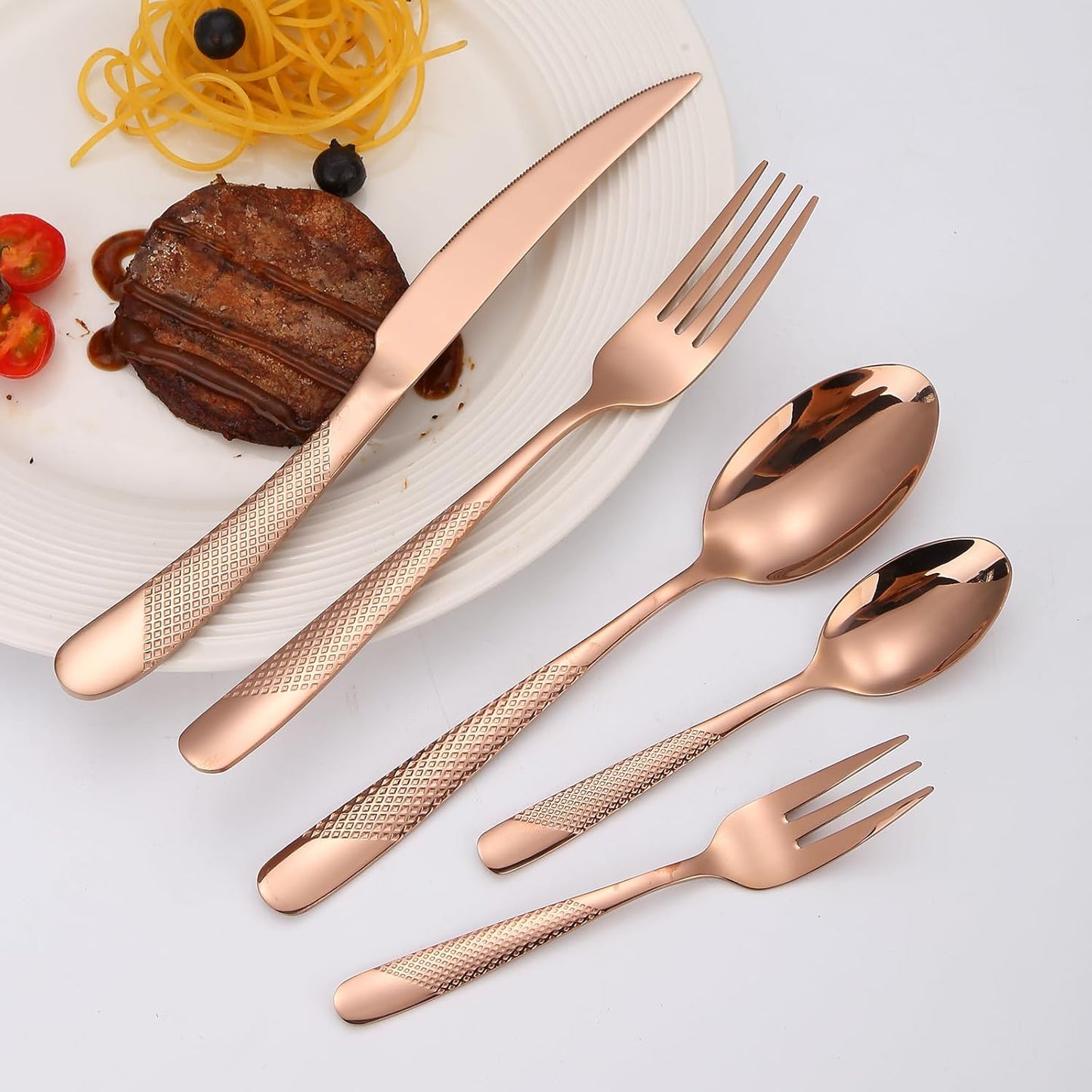 Hammered Flatware Set Copper/Rose Gold Silverware 20 Piece Stainless Steel Service for 4 Forks Knives Spoons Heavy Thickened Handle Elegant Modern Design Kitchen Use Festival Parties…