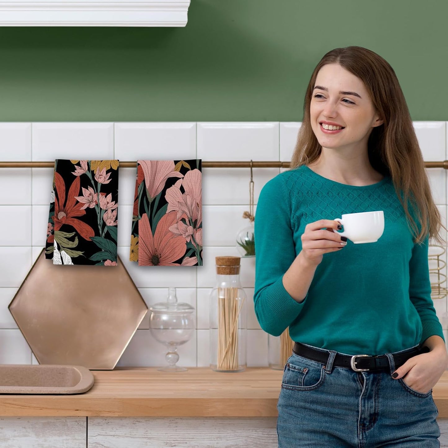 Boho Kitchen Towels, Colorful Flowers House Hand Towel Set of 2, Vintage Gifts for Home Bathroom Holiday Decor - A04