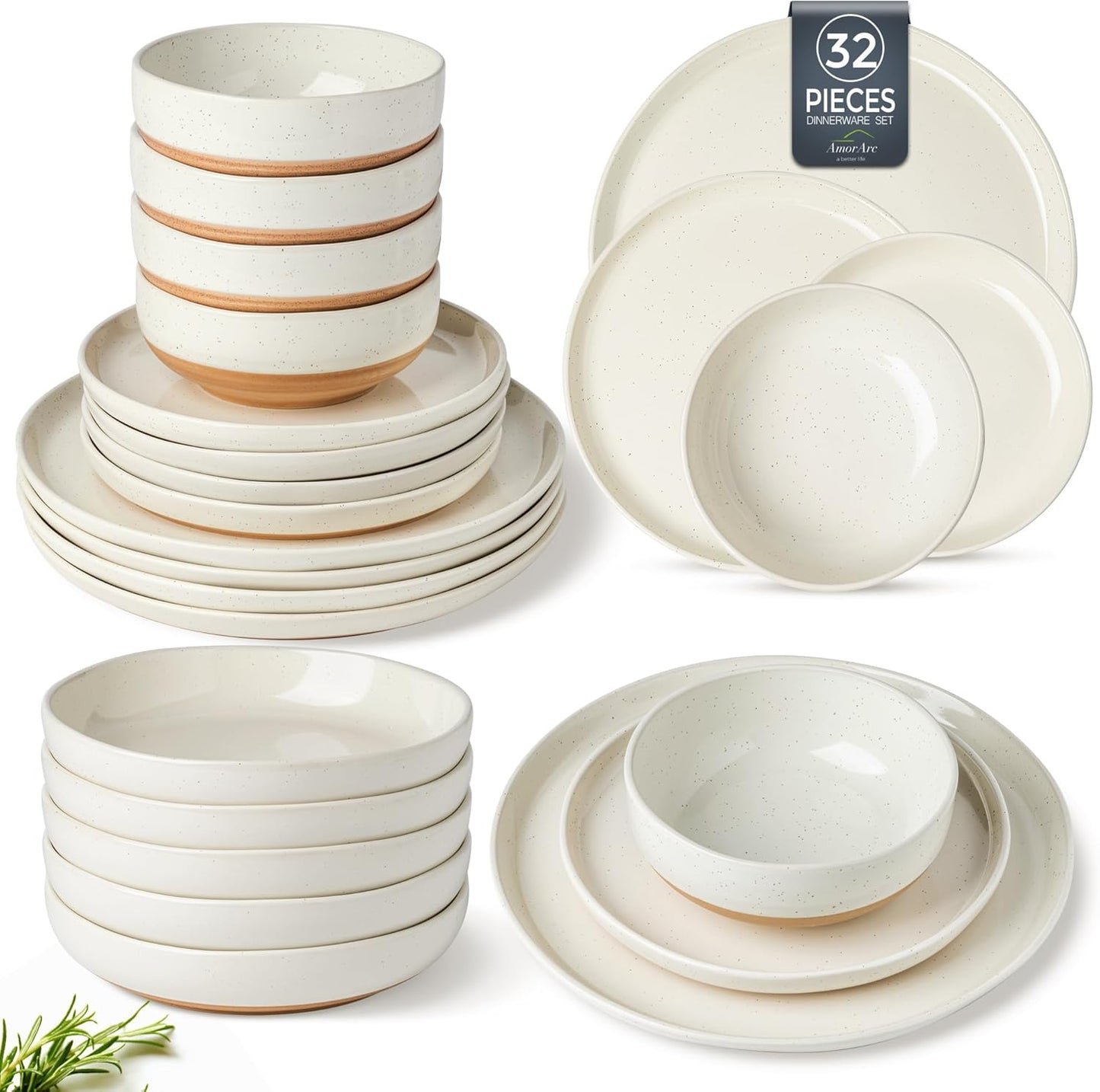 AmorArc Ceramic Dinnerware Sets with Pasta Bowls for 8, Handpainted Plates and Bowls Set with Rustic Terracotta Underside, Scratch Resistant Dishes Set, Dishwasher & Microwave Safe, 32 Pcs