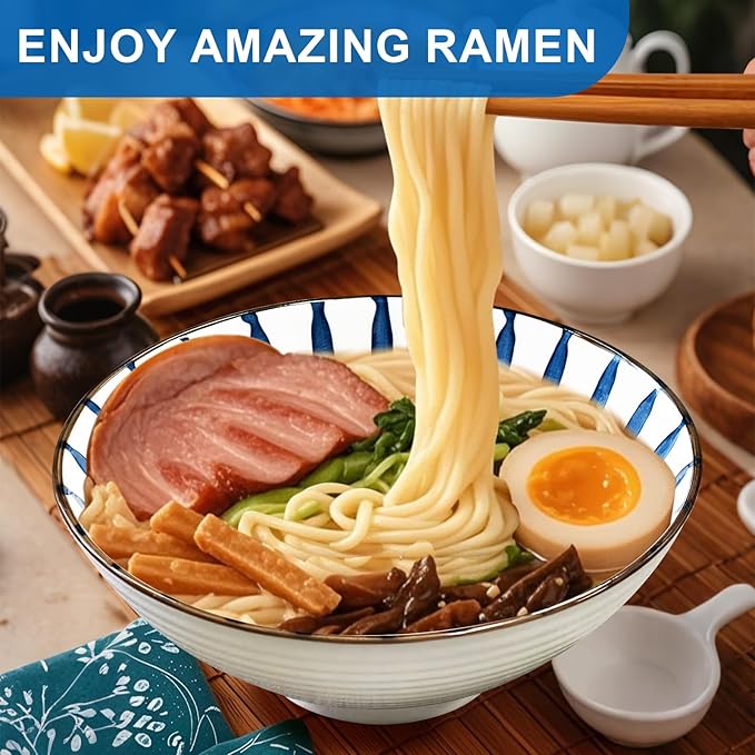 8-Inch Ceramic Ramen Bowl Set of 4 (17 Piece) - Porcelain Japanese Salad Noodles Cereal Fruit Pasta Soup Large Bowls with Recipes Chopsticks Forks Spoons for Men Women Gift Microwave Dishwasher Safe