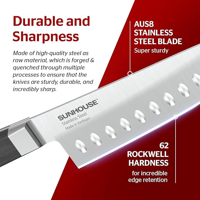 Sunhouse PREMIUM Chef Knife 7.9 inch, AUS-8 Stainless Steel – Superior 62HRC Hardness, Razor Sharp Blade, Full Tang, Ergonomic Handle, Perfect Gifts for Mom or Dad,Premium Gifts Box