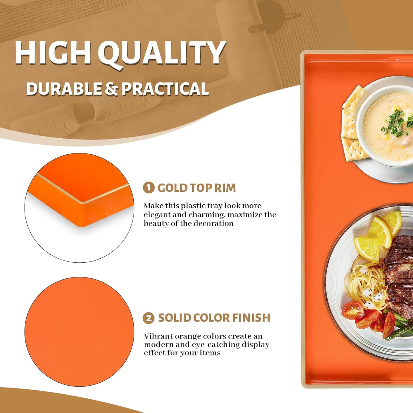 MAONAME Orange Serving Tray with Handles, Modern Decorative Trays for Coffee Table, Plastic Rectangular Trays for Ottoman, Bathroom, Halloween Decor, 15.8” x 10.2” x1.4