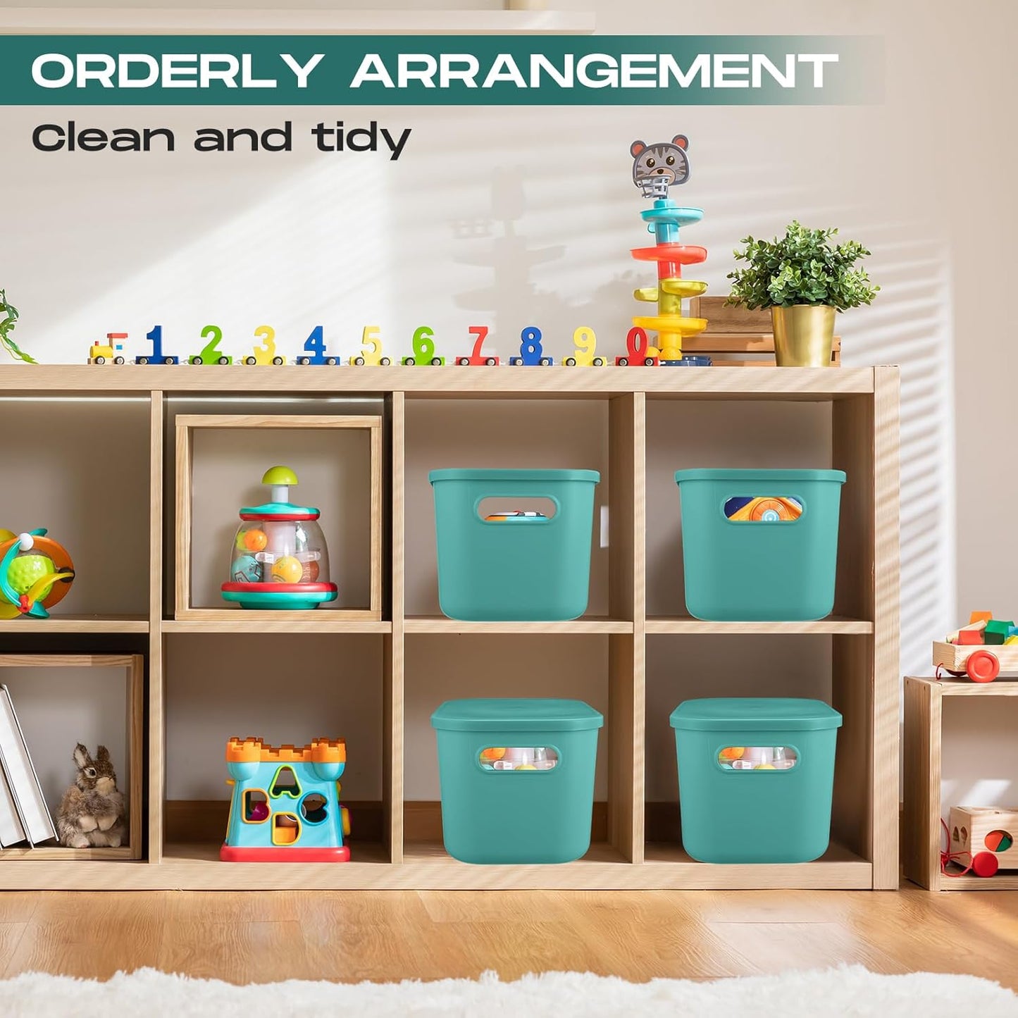 Hoolerry 8 Pieces Colorful Storage Bins with Lid, Plastic Storage Basket Organizing Container Stackable Box with Handle for Shelves Desktop Playroom Office(10.2 x 7 x 6.3 Inch,Green)