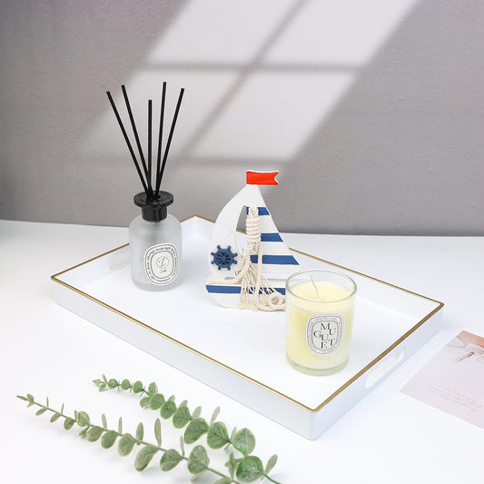 Spsyrine White Decorative Serving Tray with Handles, Elegant Plastic Coffee Table Tray for Ottoman, Living Room, Home Decor 15.6" X 10.2"