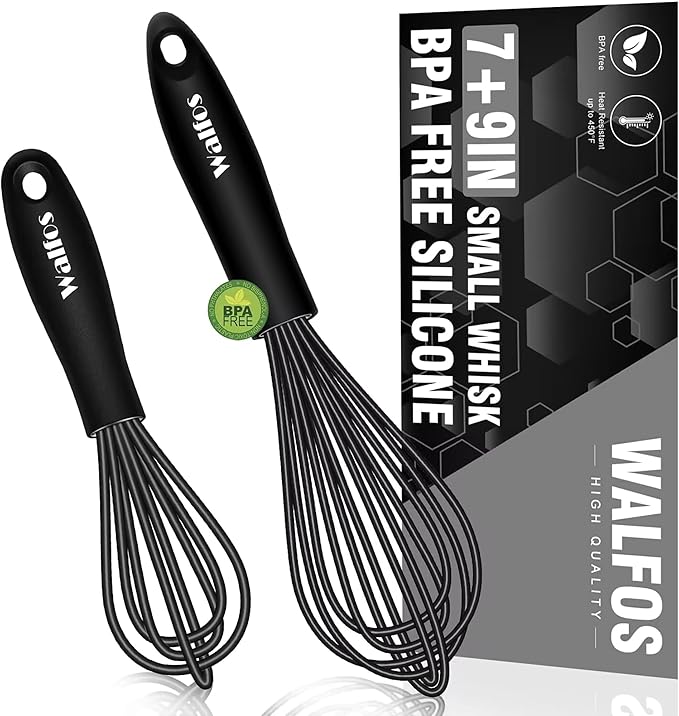 Walfos Silicone Whisk,7+9in Mini Whisk,BPA Free,Small Whisks for Non-Scratch,Heat Resistant (450°F) Nice for stirring individual eggs and mixing small amounts of powder and sauce.Dishwasher Safe.Black