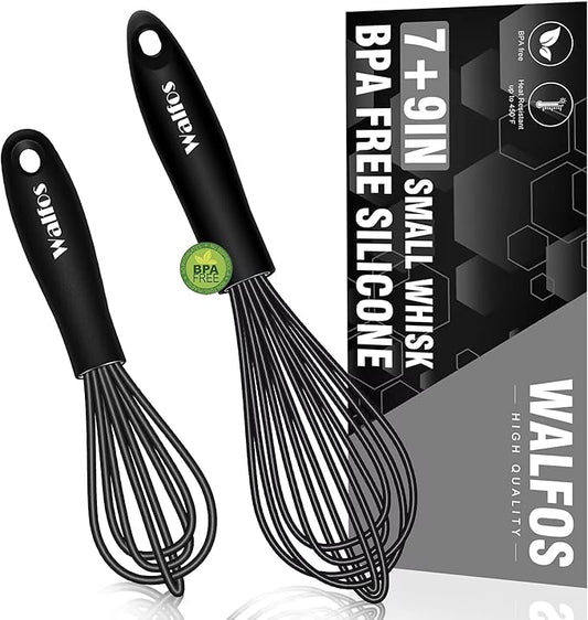 Walfos Silicone Whisk,7+9in Mini Whisk,BPA Free,Small Whisks for Non-Scratch,Heat Resistant (450°F) Nice for stirring individual eggs and mixing small amounts of powder and sauce.Dishwasher Safe.Black