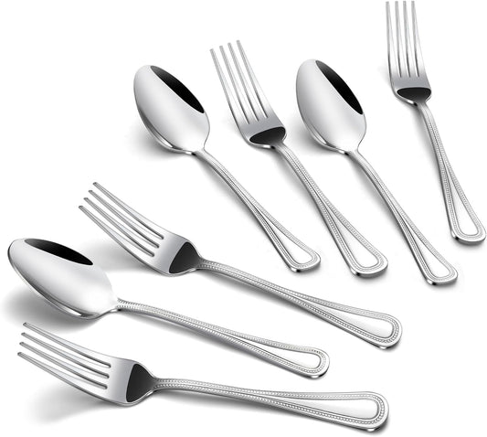 24 PCS Spoons and Forks Set, Food Grade Stainless Steel with Pearl Dot Design Handle Silverware Set, Mirror Polished Dishwasher Safe, Silverware Forks and Spoons for Home or Restaurant