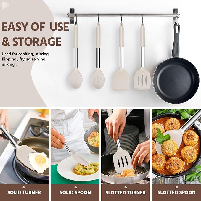 E-far Cooking Utensils Set of 4, Silicone Kitchen Utensils for Non-stick Cookware, Heat Resistant & Non-toxic Slotted Spatula Solid Spoon Turner for Flipping Mixing Serving Basting(Khaki)