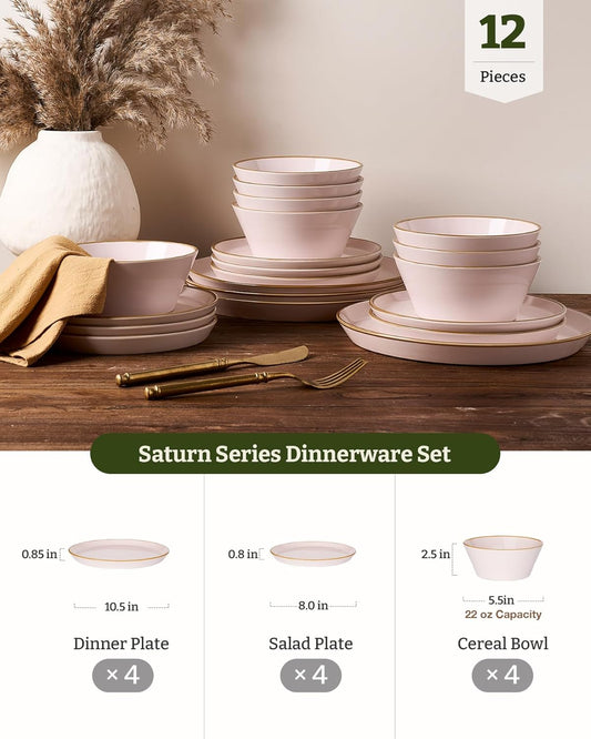 Famiware Saturn Dinnerware Sets, Plates and Bowls Sets for 4, 12 Pieces Stoneware Dish Set - Chip and Scratch Resistant, Microwave and Dishwasher Safe Tableware Set, Light Pink with Rim