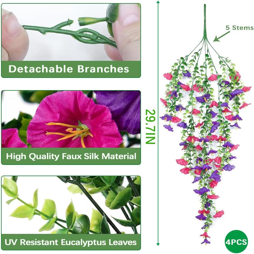 Jasion 4 Bundles Artificial Hanging Flowers Outdoor Realistic Morning Glory Silk Fake Plants UV Resistant for Porch Balcony Fence Decor (Purple&Rose Pink)