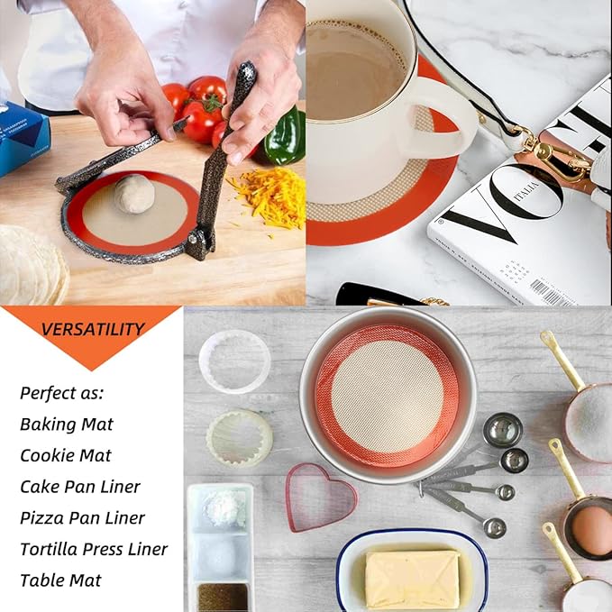 6 Inch Round Baking Mats, Food Grade Silicone Mats for Cake Pan/Tortilla Maker, Premium Non-Stick Reusable 6 Inch Tortilla Press Liner for Small Cake/Tortilla/Pie/Pizza, Round 5.5" Orange, 3PCS