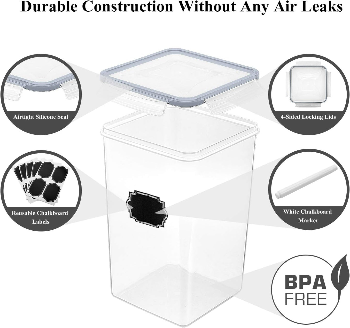 Wildone Extra Large Tall Airtight Food Storage Containers 6.5L/ 5.9QT, Plastic BPA Free Kitchen Pantry Storage Containers 4 Pieces for Flour, Sugar, Rice, with 20 Labels & 1 Marker, Gray