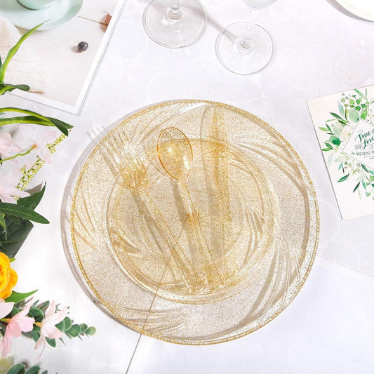 WDF 150pcs Gold Glitter Plastic Plates with Gold Plastic Silverware - Plates include 25 Dinner Plates,25 Salad Plates,25 Forks, 25 Knives, 25 Spoons,10oz Cups for Thanksgiving Wedding, Party