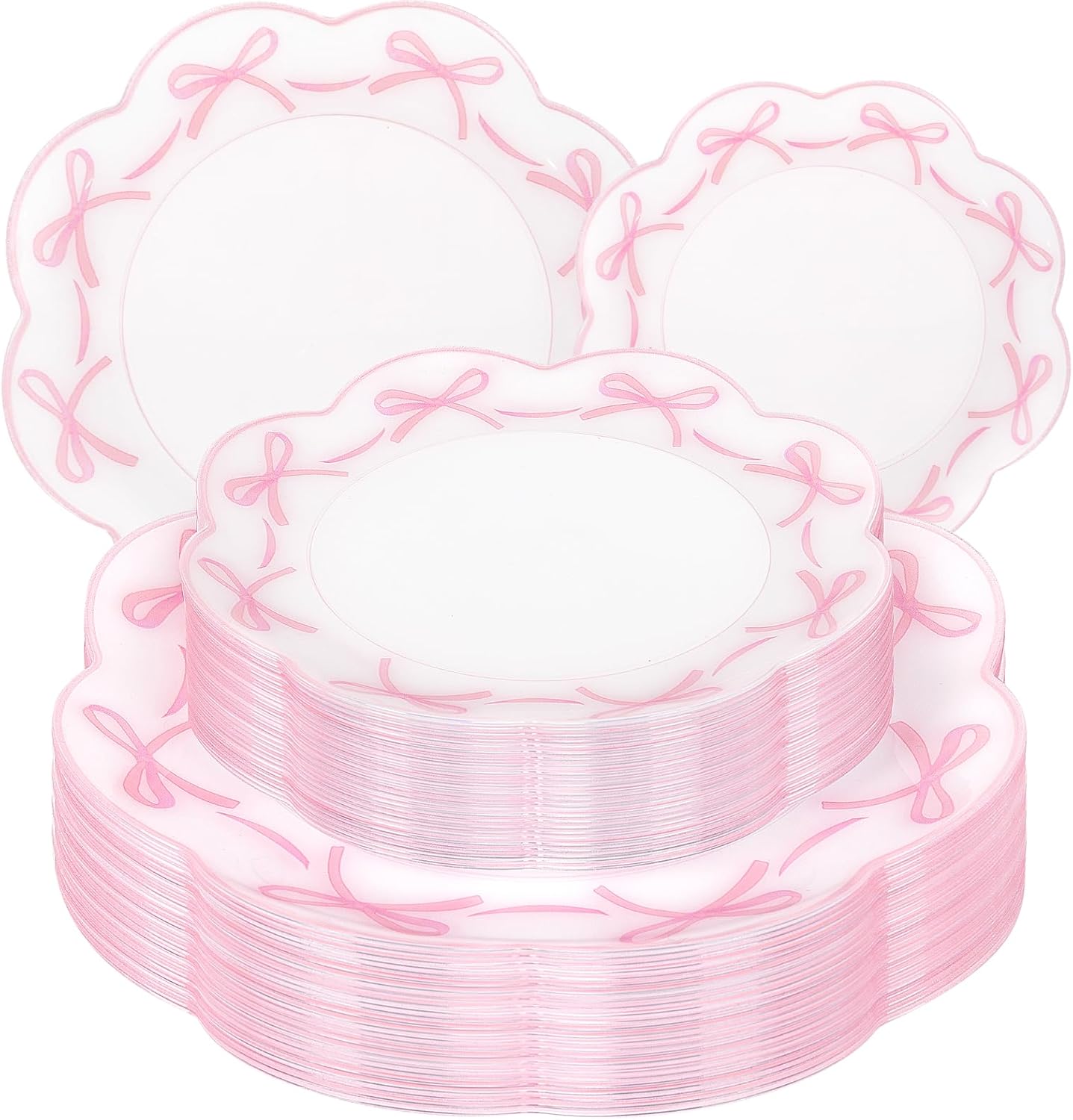 LIYH 60 Pcs Pink Plastic Plates for Party Bow Plates - Pink Porcelain Scalloped Plastic Plate Disposable Heavy Duty for Wedding Bridal Shower Floral Dinnerware Set - 10.25" Dinner & 7.5" Dessert Plate