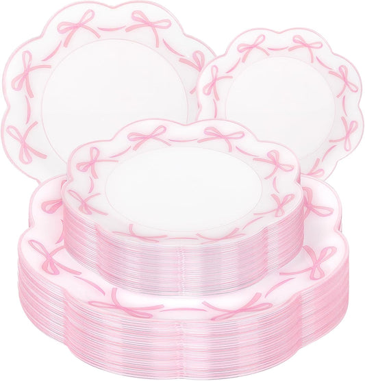 LIYH 60 Pcs Pink Plastic Plates for Party Bow Plates - Pink Porcelain Scalloped Plastic Plate Disposable Heavy Duty for Wedding Bridal Shower Floral Dinnerware Set - 10.25" Dinner & 7.5" Dessert Plate