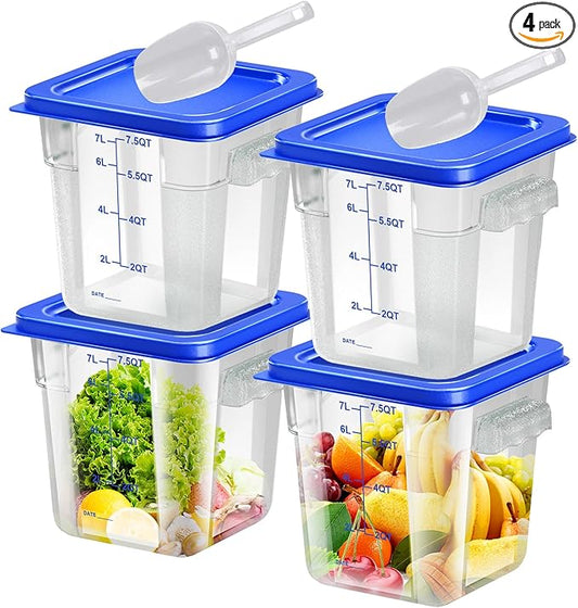 4 pcs 8qt Food Storage Containers with Lid, Square Clear Commercial Food Storage Containers with Handle and Scale for Food Storage in Home Kitchen & Dining (Blue)