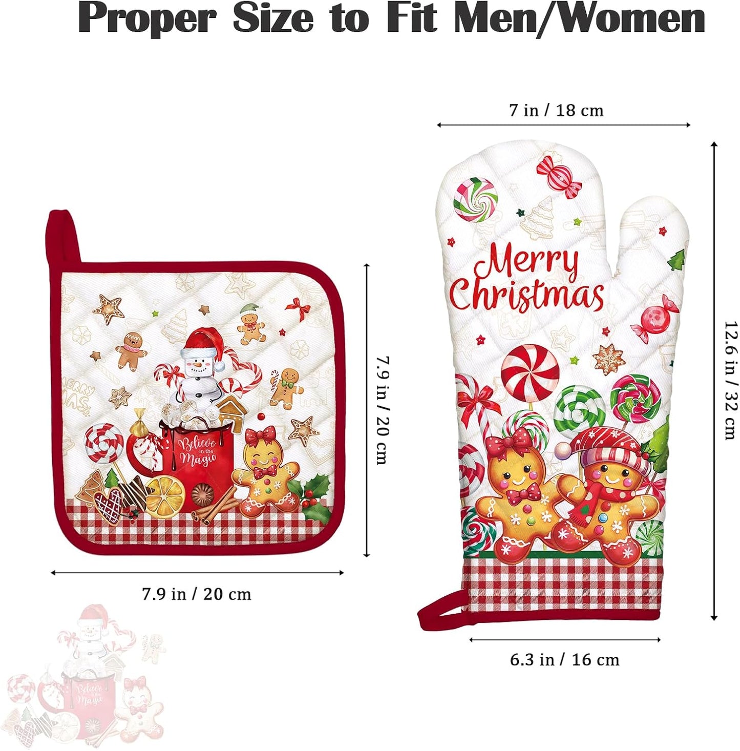 Christmas Gingerbread Oven Mitts and Pot Holders Sets 2Pcs, 100% Cotton Heat Resistant, Extra Long Oven Gloves Potholder for Kitchen Cooking Baking Decoration
