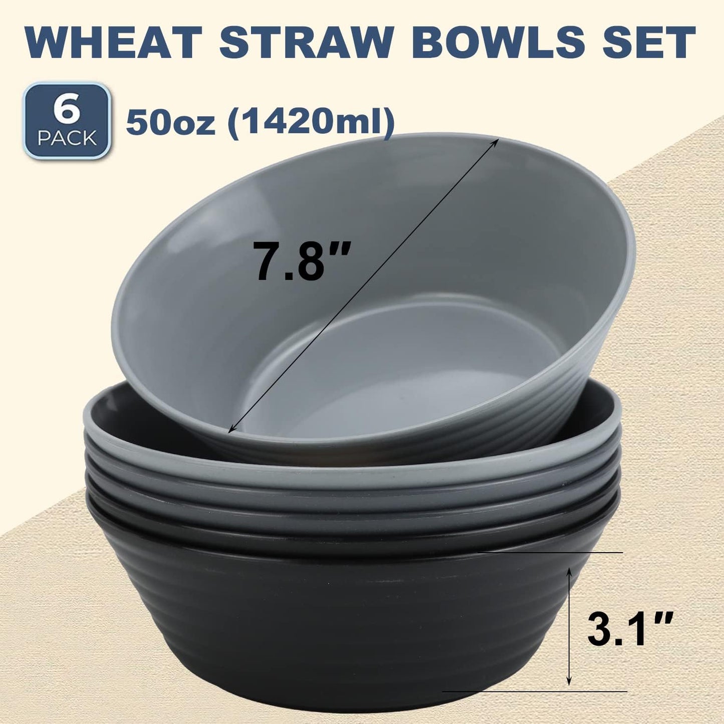Wrova Wheat Straw Bowl Sets,6 PCS Unbreakable Big Cereal Bowl 50 OZ,Microwave and Dishwasher Safe Bowls,Large Salad Bowls for Camping,Picnic,Apartment,Dorm,RV (Classic Series)