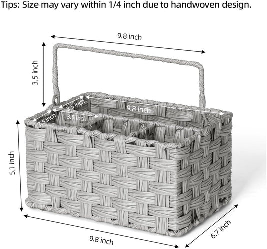 Wicker Flatware Organizer, Plastic Wicker Cutlery Holder, Outdoor Silverware Caddy, Woven Divided Utensil Caddy with Handle, Utensil Holder for Table, Kitchen, Party (Gray)