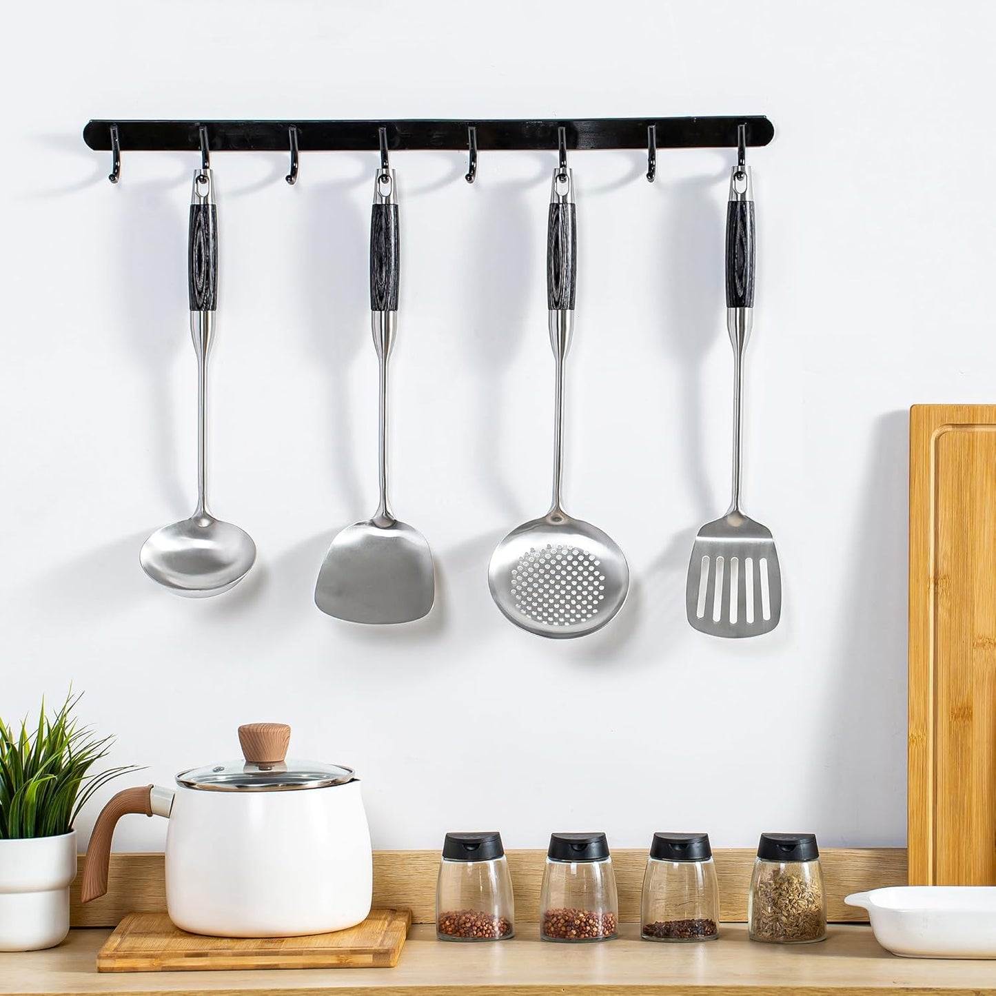 FJNATINH Wok Spatula Set of 4, Spatula Slotted Turner, Soup Ladle, Slotted Spoon for Cooking Utensils with Wooden Handle, Kitchen Stainless Steel Spatulas Cooking Spoons