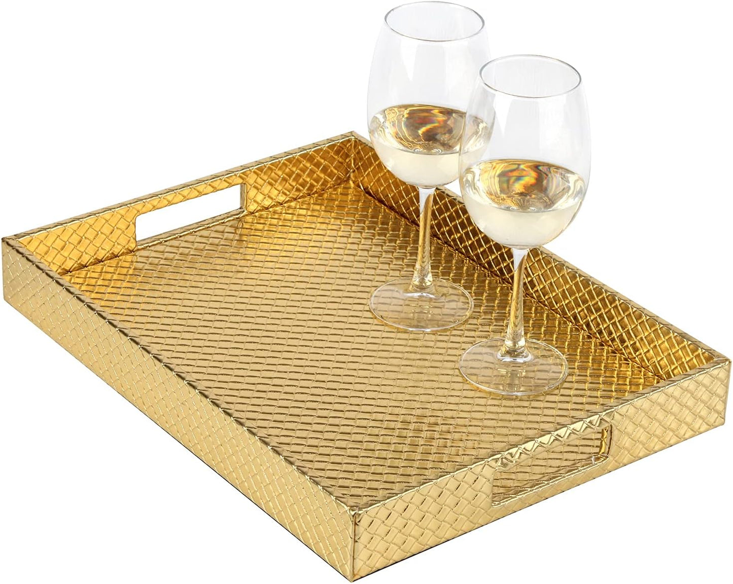 HofferRuffer Rectangle Serving Tray with Hole Handles for Coffee Table, Breakfast, Tea, Food, Butler - Countertop, Kitchen, Vanity Serve Tray, 16.2 x 12.2 x 2 inches, Faux Leather (Gold)