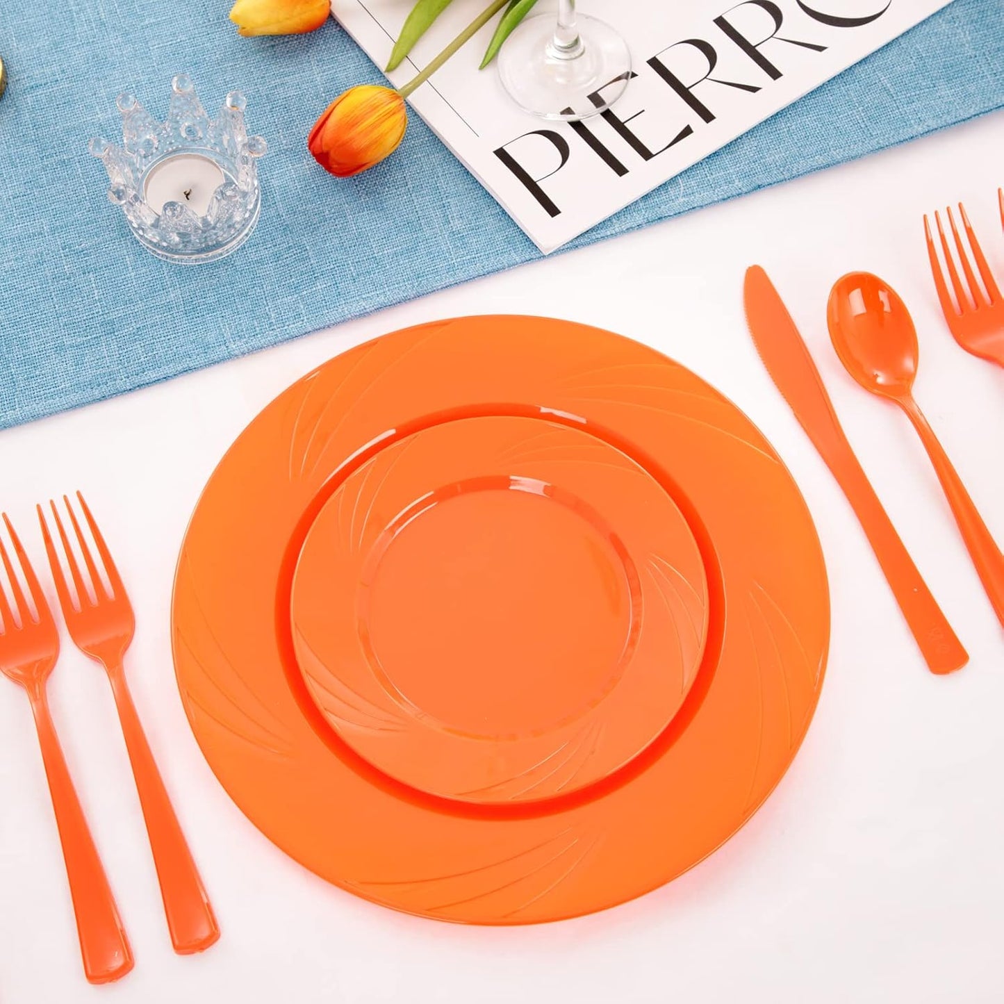 YOUBET 125Pieces Orange Plastic Plates - Orange Plate Disposable Include 50 Dinner & Dessert Plates 25 Forks 25 Knives 25 Spoons Perfect for Parties & Thanksgiving