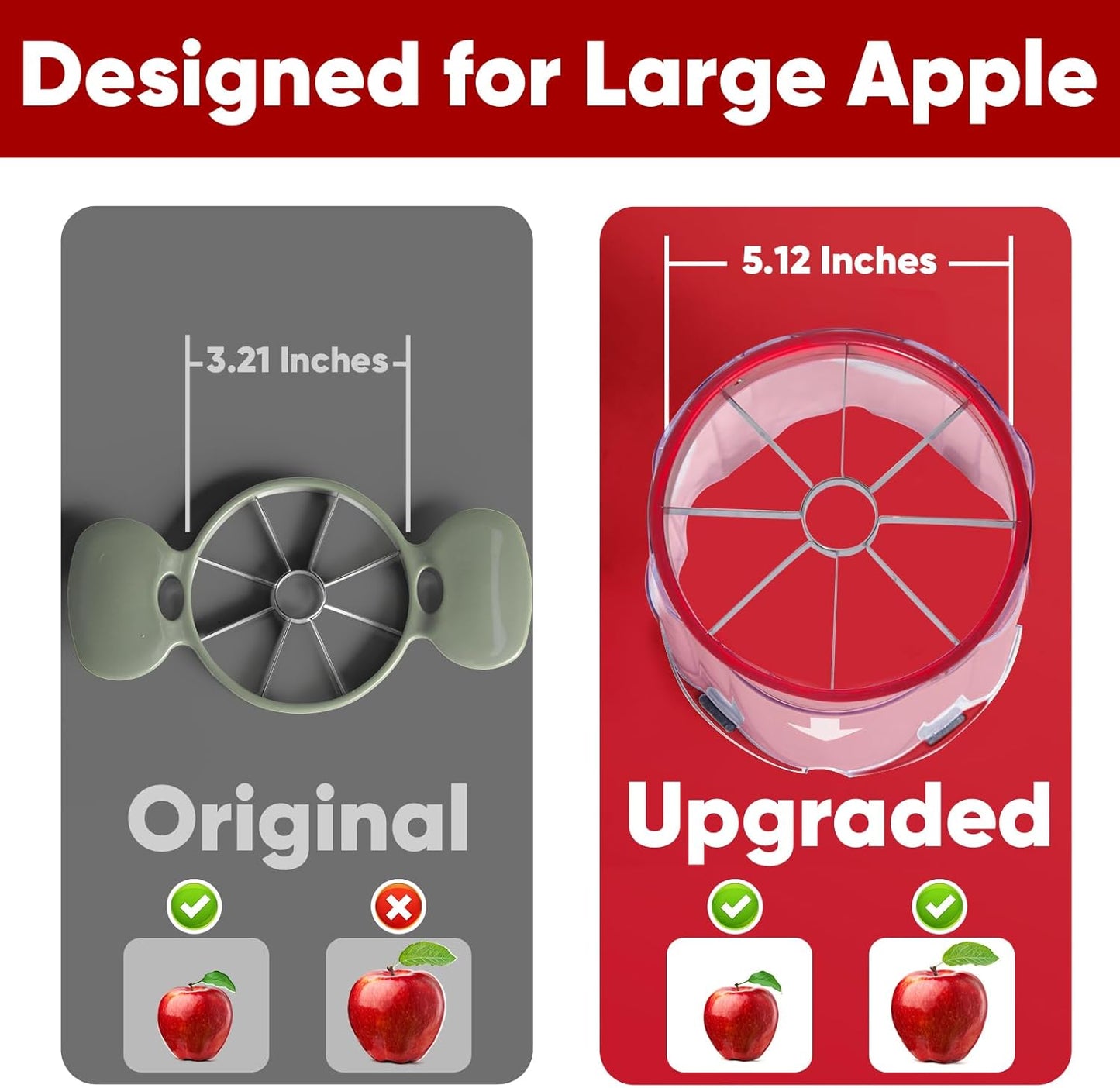 OOKUU Professional Apple Slicer, 8-Slice Ultra-Safe Heavy-Duty Stainless Steel Apple Cutter, 5.12-Inch Extra-Large Corer Cuts Apples All the Way Through with Clear Bowl