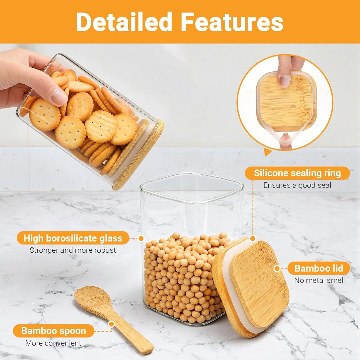 Square Glass Storage Jars, 19 Fl.oz Glass Jars with Bamboo Lids Set of 2, Food Canisters with Airtight Lids, for Coffee Bean, Sugar, Tea, Candy, Cookies - Included Labels, Marker and Spoon