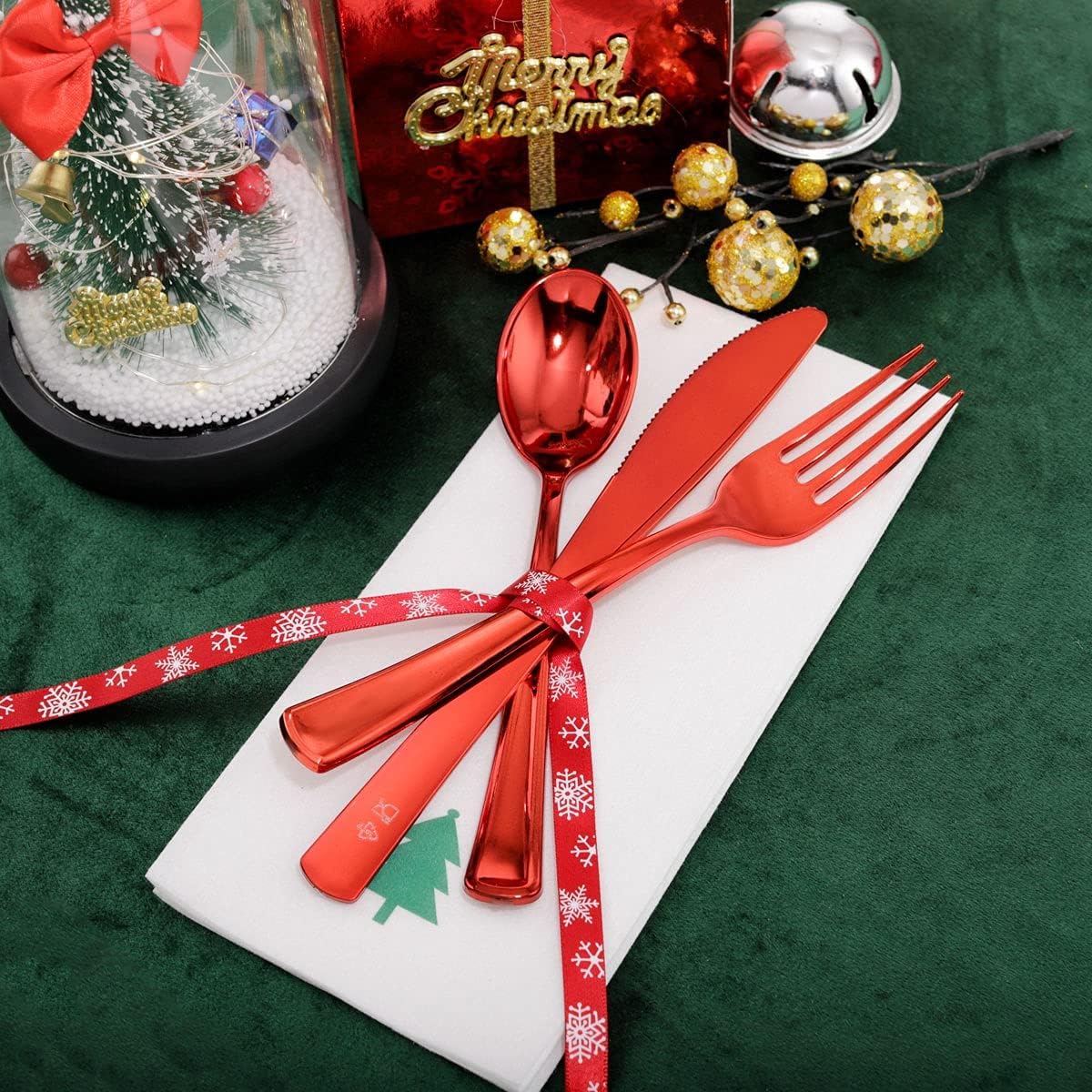 WDF 175pcs Christmas Plates Dinnerware - 25 Guests Unquie Desgin Red Plastic Plates with Green Christmas Tree Pattern, Red Plastic Cutlery, Clear Red Cups and Christmas Tree Napkins