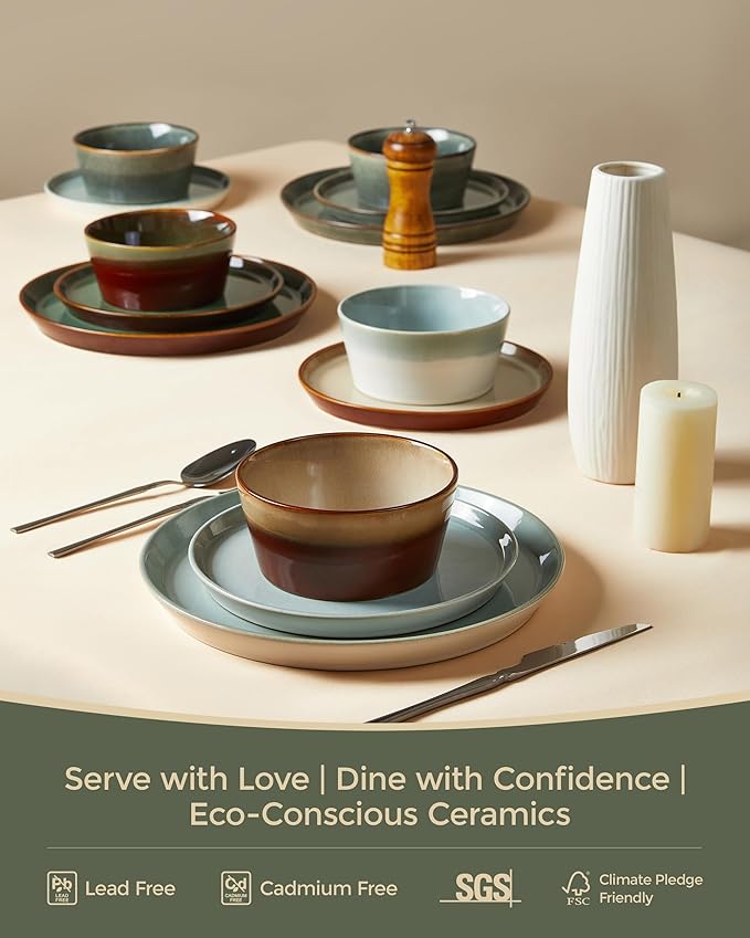 Dinnerware Sets, Microwave Safe Plates and Bowls Sets, Dishes Set for 4, Chip & Scratch Resistant Dinner Set, Reactive Glazed Farmhouse Dishware Sets, Green Wheat