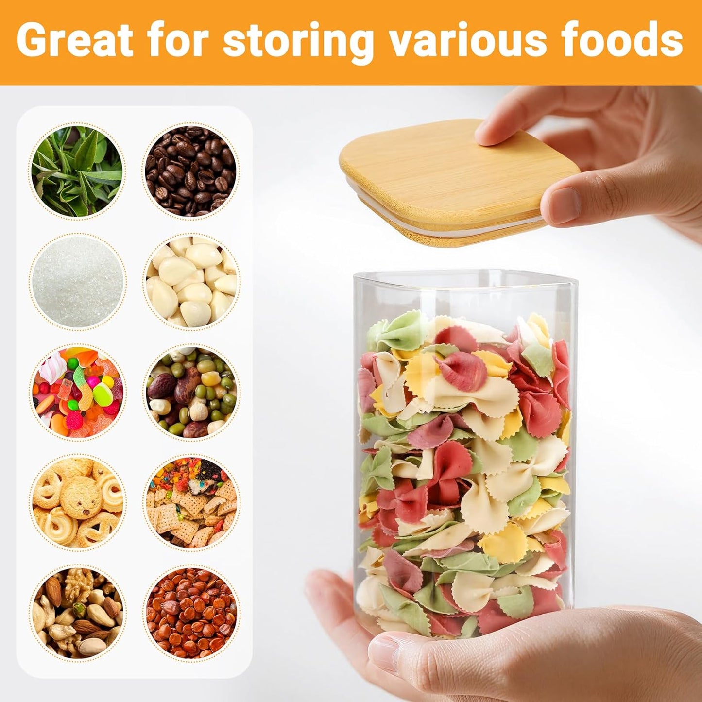 Glass Food Storage Jars, 23 Fl.oz Glass Canisters with Airtight Bamboo Lids Set of 2, Square Sugar Jars Kitchen Containers for Coffee, Tea, Flour, Candy - Included Labels, Marker and Spoon