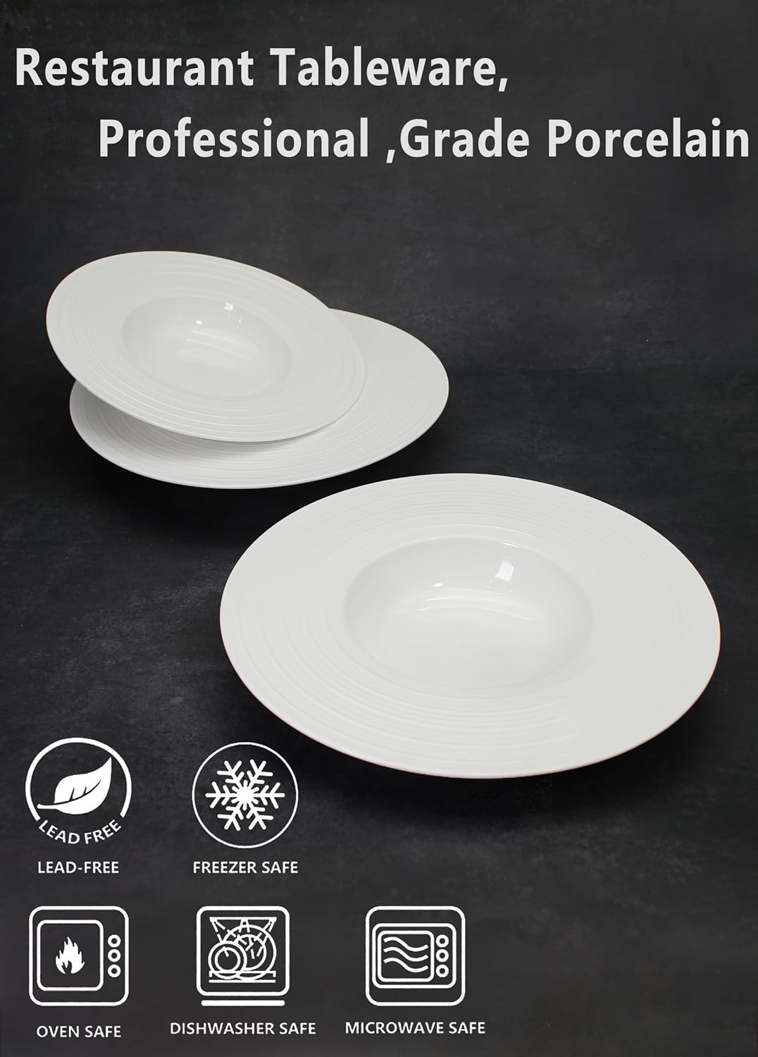 Ceramic Wide Rimmed Soup Plate, Soup Bowl 8 oz, Pasta Bowl Set of 4, White Shallow Bowl Plate with Rim, Best choice for high-end restaurants, hotels, and foodies, 9.6 Inch Coil relief