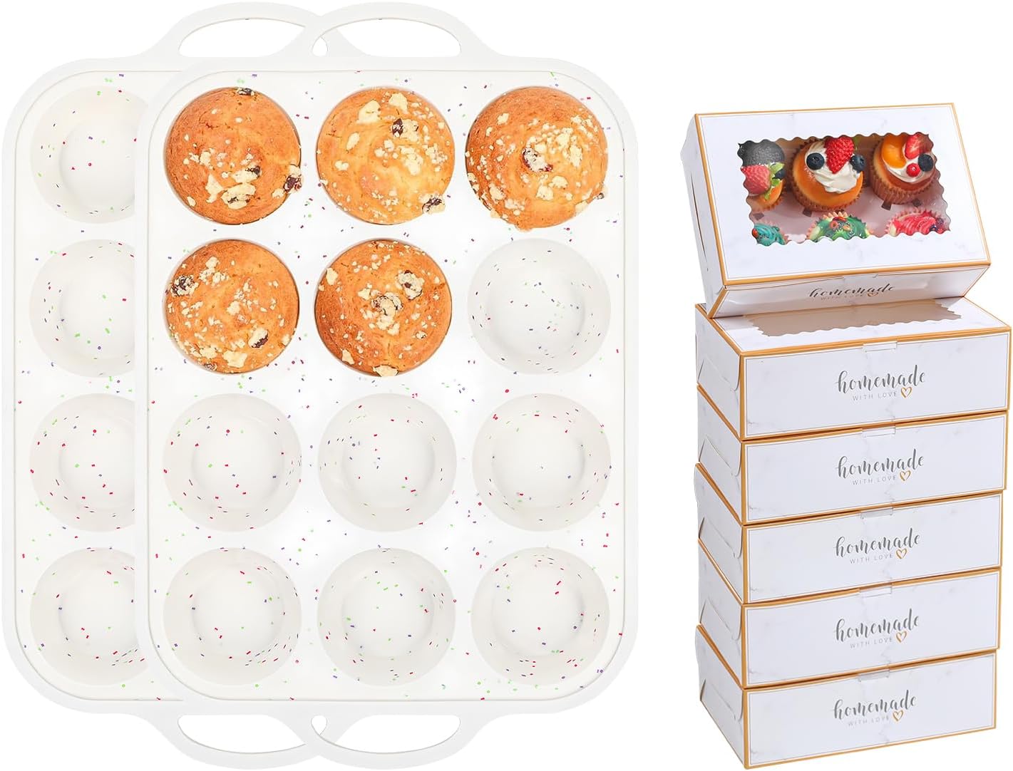 Silicone Muffin Pans for Baking with Metal Reinforced Frame 2 Pack with 6 Pack cupcake boxes（6 count）, Nonstick Silicone Cupcake Pan for Baking Homemade Muffins, Dishwasher Safe BPA Free