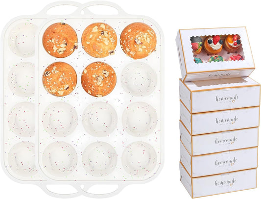 Silicone Muffin Pans for Baking with Metal Reinforced Frame 2 Pack with 6 Pack cupcake boxes（6 count）, Nonstick Silicone Cupcake Pan for Baking Homemade Muffins, Dishwasher Safe BPA Free