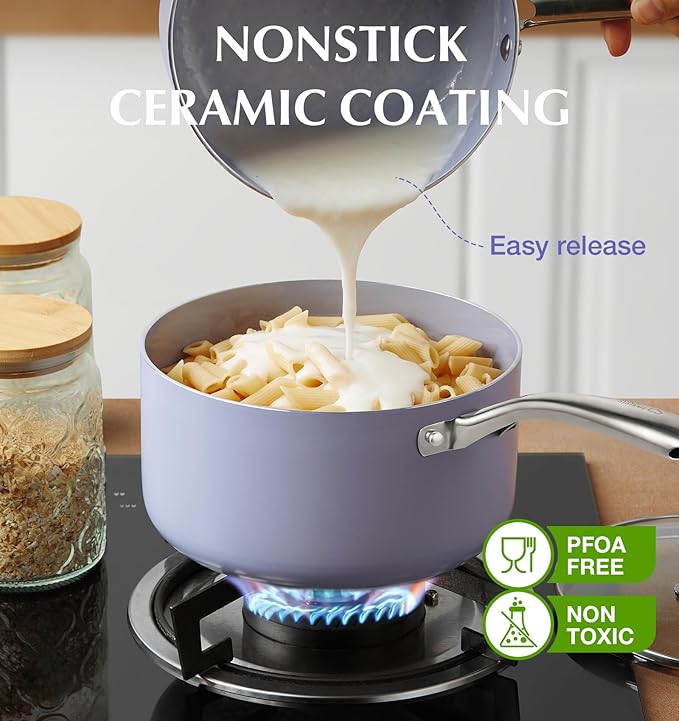 KOCH SYSTEME CS Nonstick Sauce Pan with Lid, 1 Quart Saucepan with Lid, 1 QT Nonstick Ceramic Small Sauce Pan with Stainless Steel Handle, Non-Toxic Ceramic Saucepan, Oven Safe, Purple
