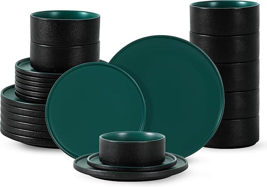 24 Piece Ceramic Dinnerware Set for 8, Modern Minimalist Stoneware Dinner Plates and Bowls, Microwave Safe, Dishwasher Safe, Versatile for All Seasons, Matte Green