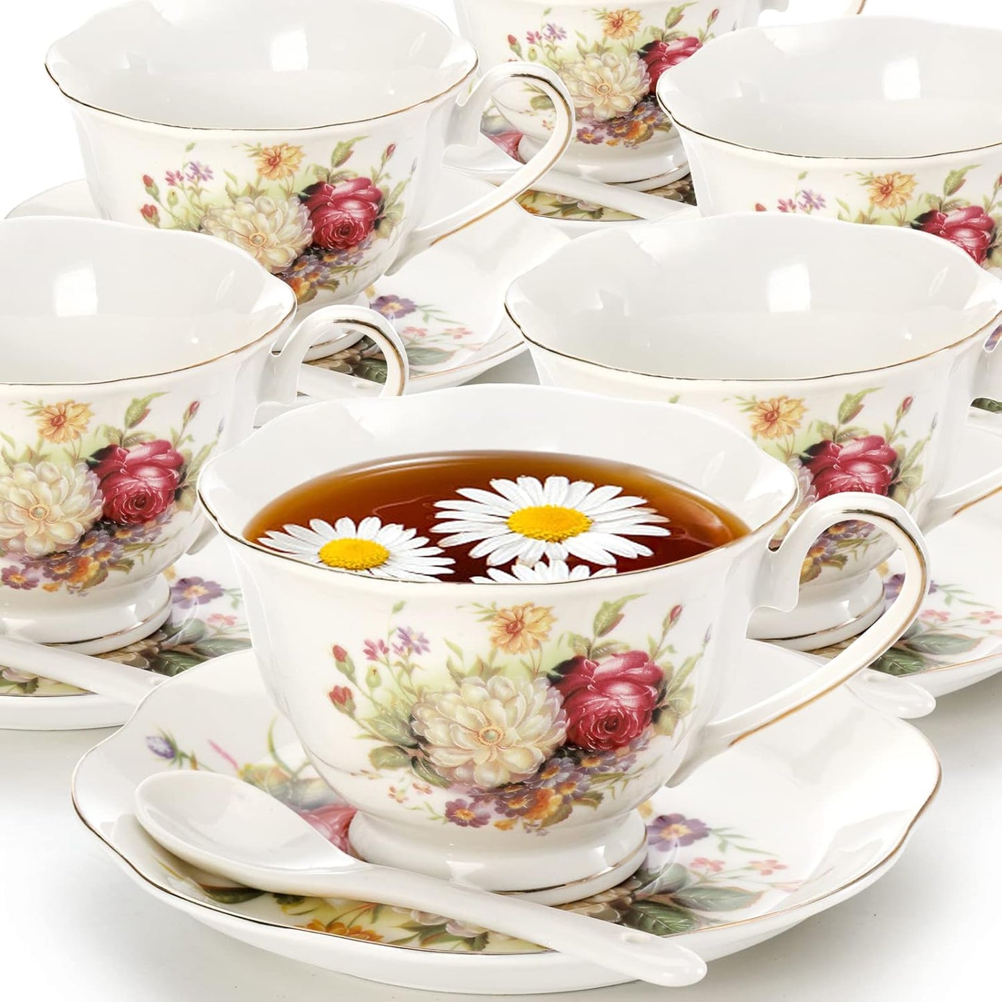 Foraineam Floral Tea Cup with Saucers and Spoons Set of 6 - Coffee Cups and Saucers with Gold Trim - 6 oz Porcelain Ivory Latte Cup and Espresso Mug for Coffee Drinks and Tea