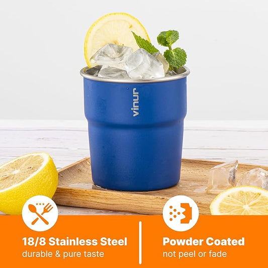 VINUR 8 oz Stainless Steel Cups Tumbler Stackable Metal Drinking Glasses for Travel, Camping, Outdoors, 4 Pack (Baby Blue-Navy-Teal-Purple)