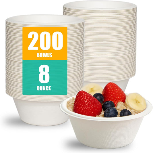 200 Count 8 oz Paper Bowls, Small Disposable Compostable Bowls, Heavy Duty Biodegradable Sugarcane Bagasse Bowl for Snacks, Fruits, Desserts, White