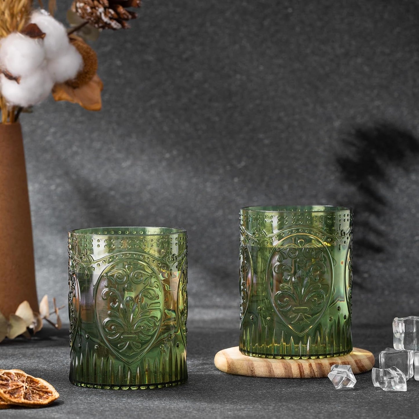 48 Plastic Vintage Drinking Glasses 8.5oz Stemless Retro Embossed Wine Glasses Shatterproof Reusable Cups for Baby Shower Wedding Reception Grand Event Party (Dark Green)