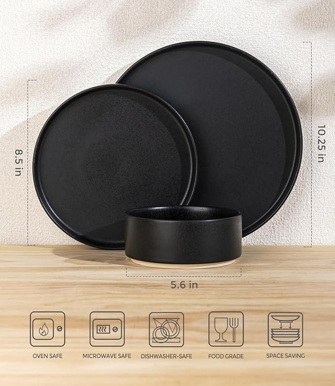 TheTerra Ceramic Dinnerware Sets for 6, 18 Pieces Handmade Reactive Glaze Plates and Bowls Set, Scratch Resistant Dish Set, Oven & Microwave & Dishwasher Safe, Matte Black
