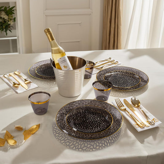 DaYammi 175PCS Clear Black and Gold Plastic Dinnerware Set for Halloween, Hammered Disposable Plates for Party, Include: 25 Dinner Plates, 25 Dessert Plates, 75 Gold Silverware, 25 Napkins, 25 Cups